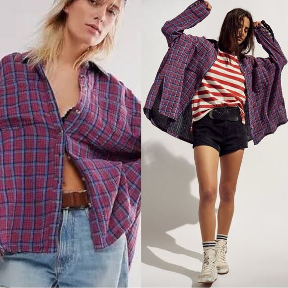 Free People Tops - Free People Oversized Bohemian Grunge Fall Cardiff Plaid Swing Top Shirt Medium